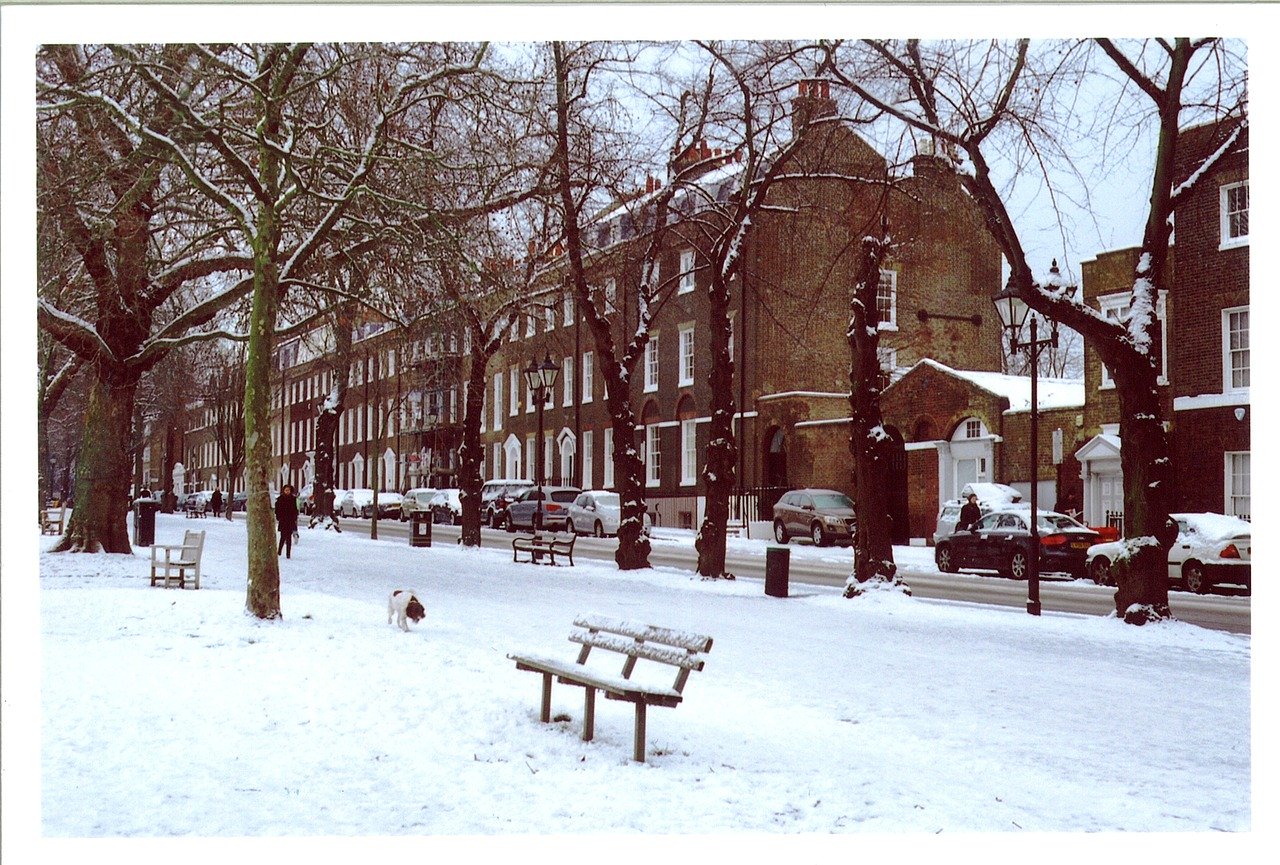 Snow covering a street in London